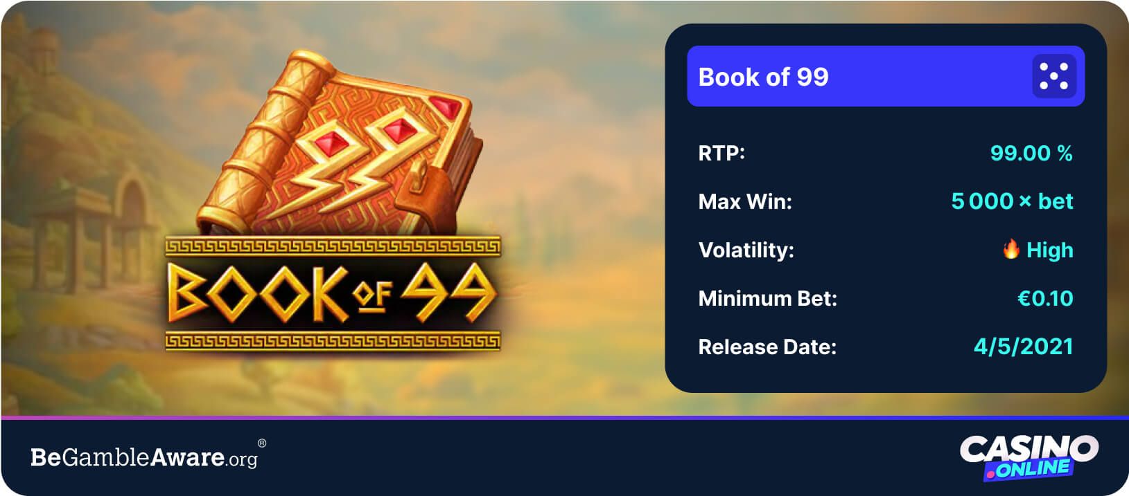Resumen de la slot Book of 99 mostrando 99.00% RTP, alta volatilidad, apuesta mínima de 0,10€ y ganancia máxima de 5.000x para la página de slots con mejor RTP.
